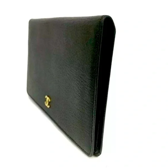 ❌SOLD❌Authentic CHANEL CC Logo Black Leather X Gold Long Wallet W/ Serial Card - Picture 2 of 8